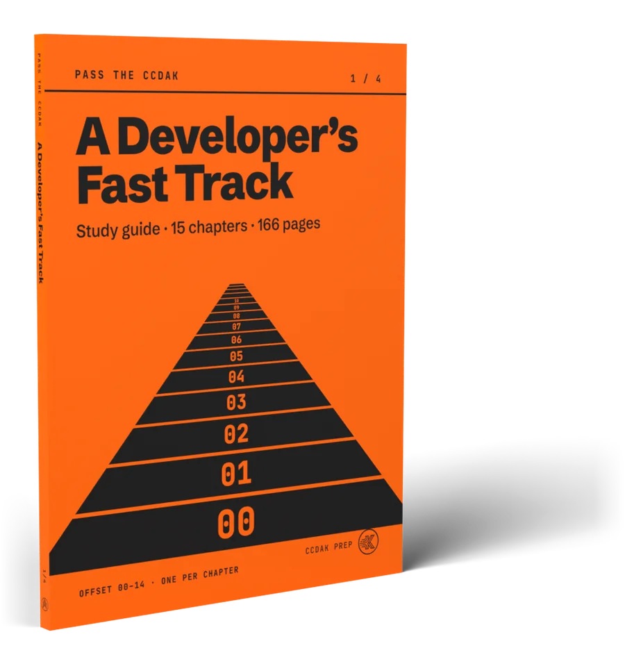 Pass the CCDAK: A Developer's Fast Track, the 166-page study guide, with a track of offsets 00 to 14, one per chapter